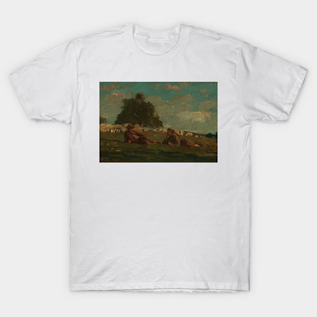 Boy and Girl in a Field with Sheep by Winslow Homer T-Shirt by Classic Art Stall